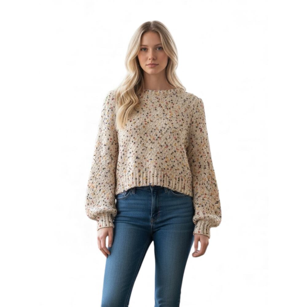 En Crème Women’s Knit Confetti Cropped Balloon Sleeve Sweater M/L